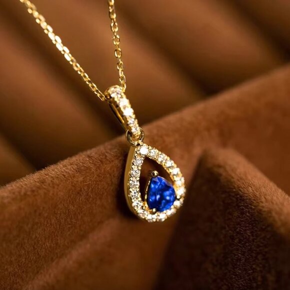 NEW 14k Yellow Gold Diamond Sapphire Necklace Pear Cut Necklace - Picture 3 of 7